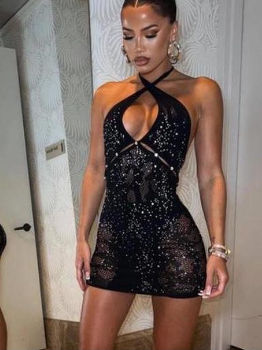 White Fox Boutique Black Halter Mini with Crystals